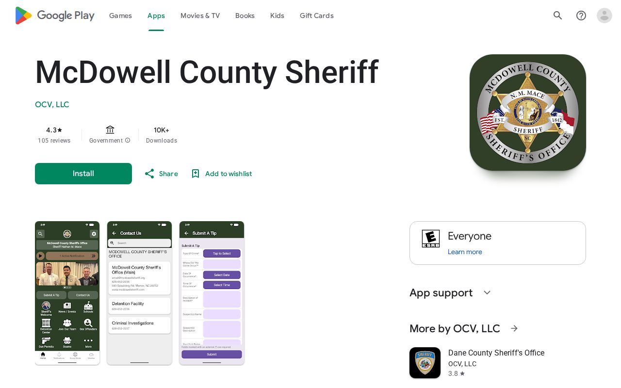 Google Play listing for the McDowell County Sheriff application