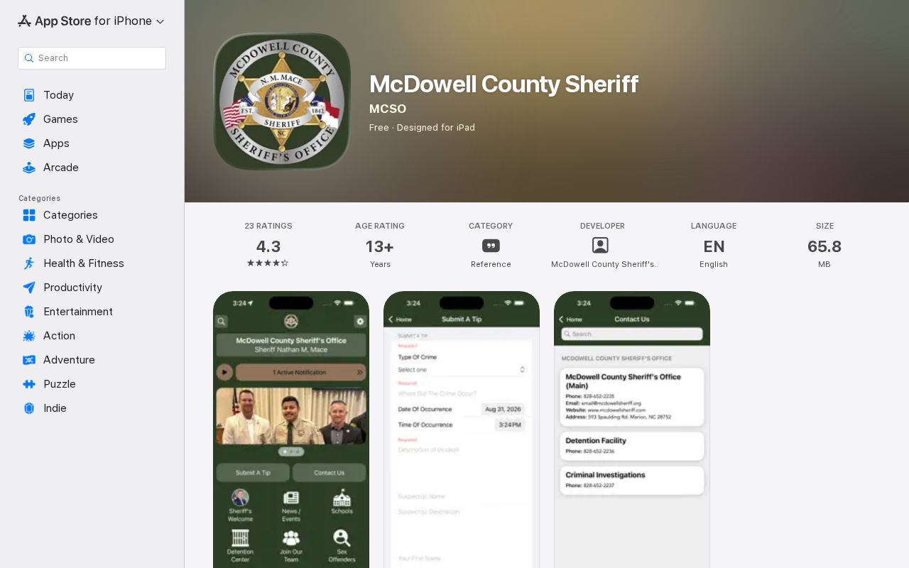 McDowell County Sheriff app listing for recent arrest and inmate search