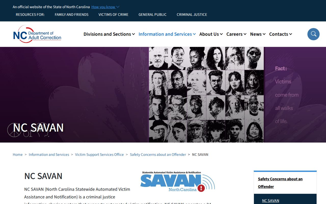North Carolina NC SAVAN VINELink release and transfer alert information